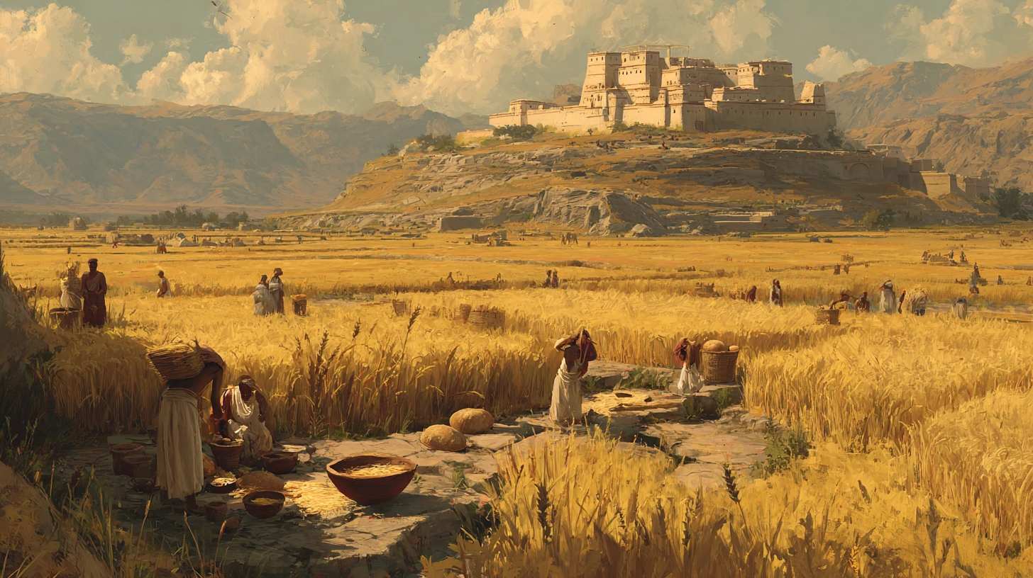 Ancient grains and hand-milled flour on a stone quern