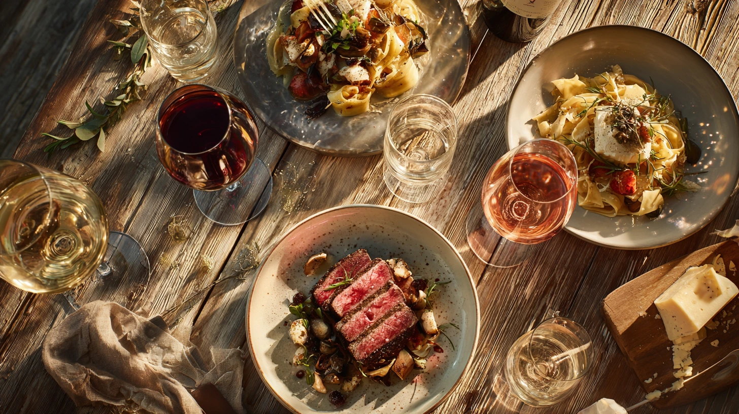 Wine glasses and vineyards at dusk