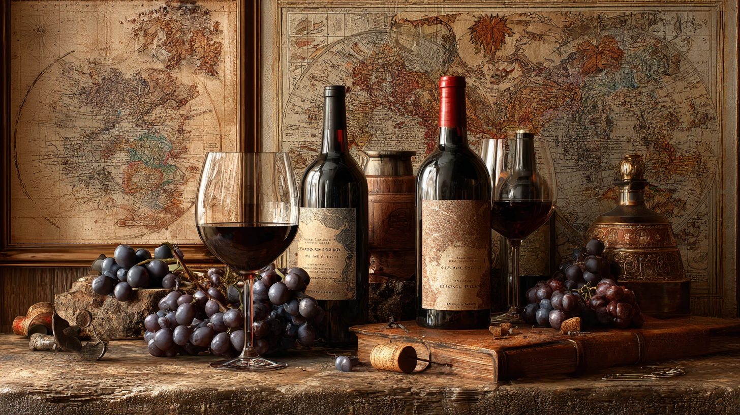 Selection of wines with regional maps and grape clusters