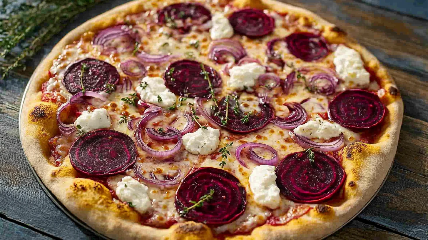 Goats Cheese Beetroot and Red Onion Pizza